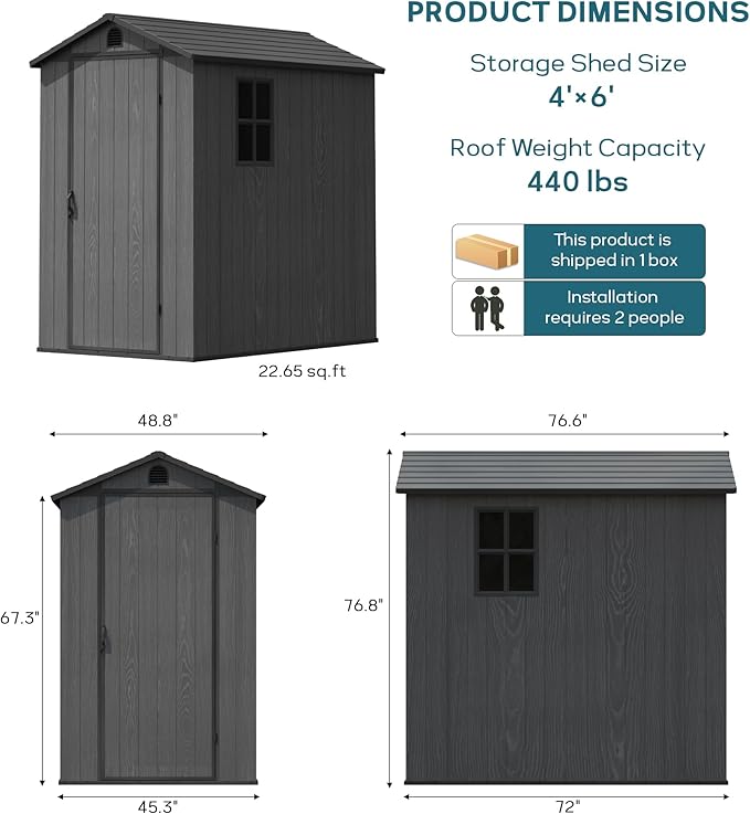 Greesum 4x6FT Plastic Storage Shed with Floor, Resin Outdoor Storaged Sheds with Lockable Door, All Weather Tool Shed with Window and Vent, Easy Assembly for Garden, Backyard, Patio, Dark Gray