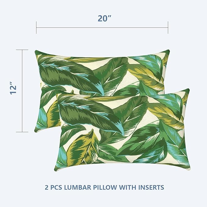 LVTXIII Outdoor/Indoor Lumbar Pillows, Decorative Patio Lumbar Cushions, Fluffy Water Repellent Garden Cushions for Home Patio Coach Sofa Use, 12×20 Inch, Pack of 2, Lush Leaf Jungle