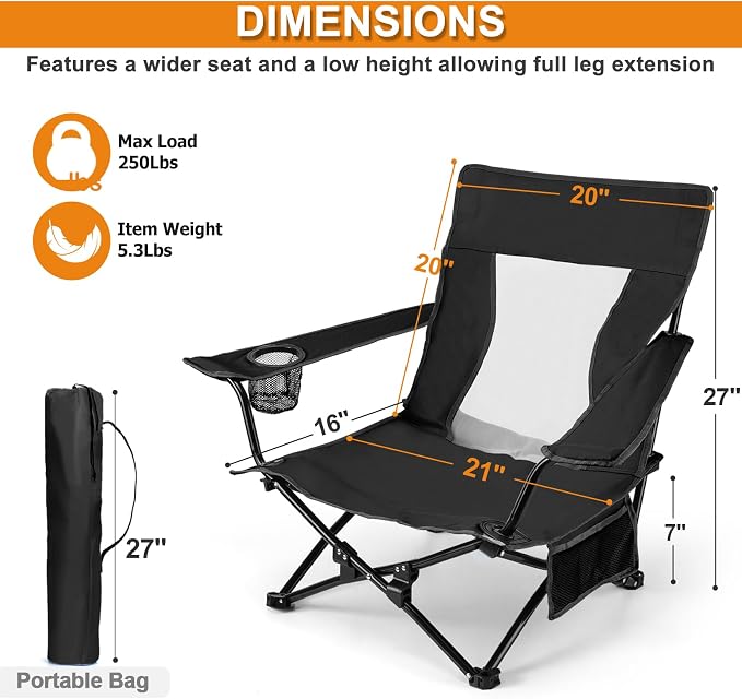 Joyfair Beach Camping Chair (2 Pack), Outdoor Folding Chair for Adults, Heavy Duty Portable Chair for Outside Fishing, Lawn, Sport, Patio, Armrest Cup Holder & Storage Pocket, Carry Bag (Black)