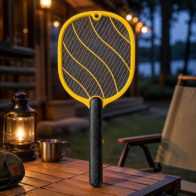 Electric Fly Swatter – Battery Powered Bug Zapper Racket with 2 AA Batteries Included, 3-Layer Safety Mesh, Handheld Fly Zapper for Indoor, Outdoor, Home, Bedroom, Kitchen, Office, Backyard, Patio
