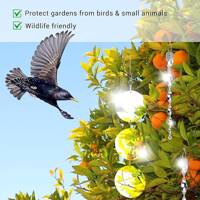 Factee Bird Scare Devices, 3.9 Inch Large 18PCS Reflective Discs Set + 6PCS Bird Scare Rods, Double-Sided Bird Reflectors Keep All Birds Away Woodpeckers Pigeons from Your House Garden Boat