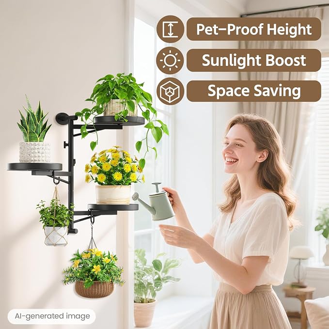 LASZOLA Rotating Plant Hangers Shelves Wall Mounted Indoor, 3 Tier Metal Window Plant Hanging Holders, Morden Floating Flower Display Stand with 2 Hooks for Kitchen Bathroom Decor, Black
