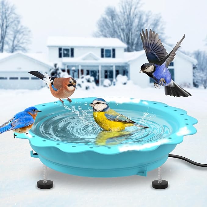 Heated Bird Bath for Outside Winter, Powerful 100W Thermostat Control Heated Bird Baths for Outdoors with 3 Metal Extension Screws, Heated Birdbath Water Heater for Garden Yard Patio Lawn(Blue)