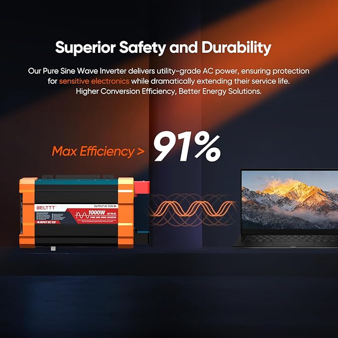 BELTTT 1000Watt Pure Sine Wave Inverter 12V DC to 120V AC for RV, Truck, Off-Grid, Solar Inverter 12V to 110V Converter with Dual AC Socket and 5V 2.1A USB, Power Inverter, Intelligent LCD, 2000W Peak