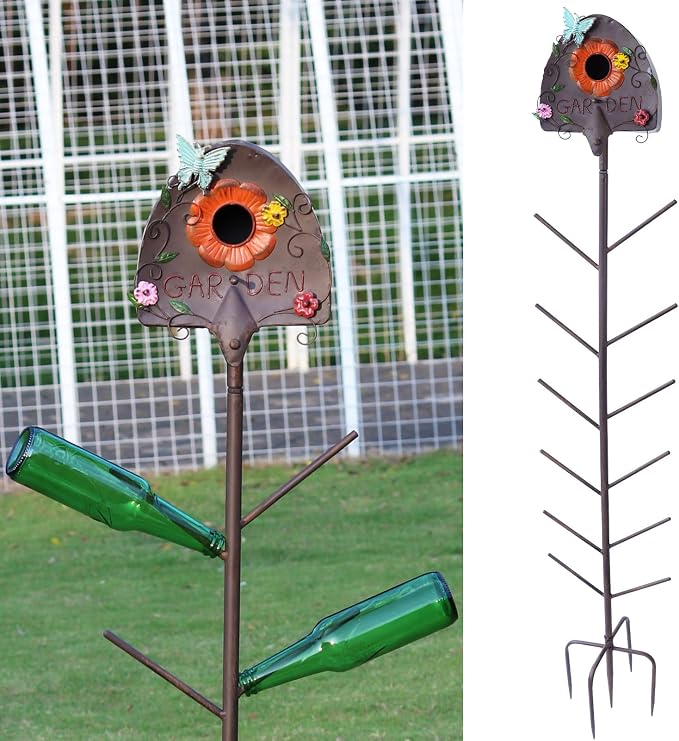 57" HMetal Bird House and Wine Bottle Tree, 2 in 1, Lawn Ornaments for Outside,As Garden Yard Decoration for Exterior Party Landscape Decoration