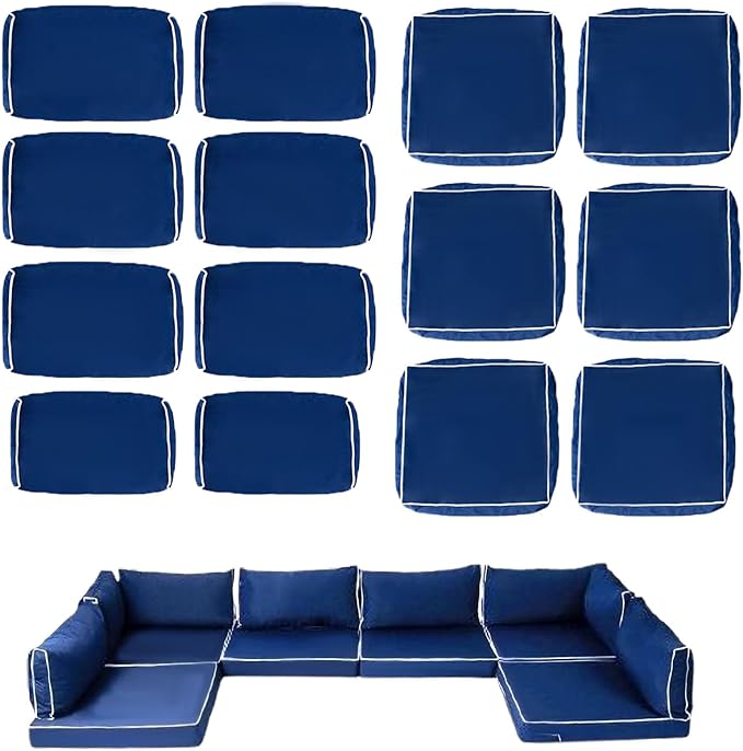 Outdoor Cushion Covers for Patio Furniture, Patio Cushion Covers Replacement with Zipper, Waterproof & Fade Resistant,Only Cover (Blue+White Side, 25.6Lx25.6Wx4H - Only Covers)