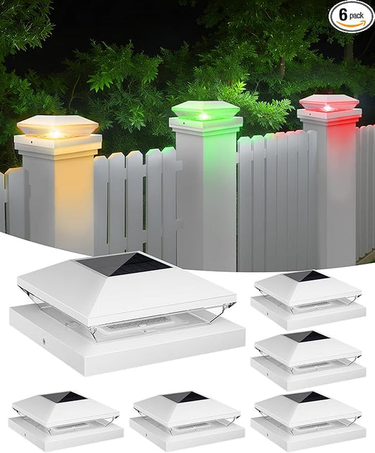T-SUN Solar Post Cap Lights with Auto-Change Colors- for Wooden (4x4/6x6) & Vinyl (4x4/5x5) Posts | Weatherproof Outdoor Solar Fence Post Lights for Deck, Porch, Garden & Stairs(6-Pack,RGB)