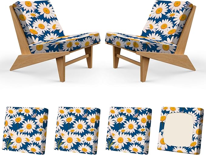 4Pcs Patio Stretch Cushion Covers, Outdoor Couch & Sofa Replacement Slipcovers for Patio Furniture Cushion Covers, Washable Reusable Furniture Protector, Square Large, Daisy Flower