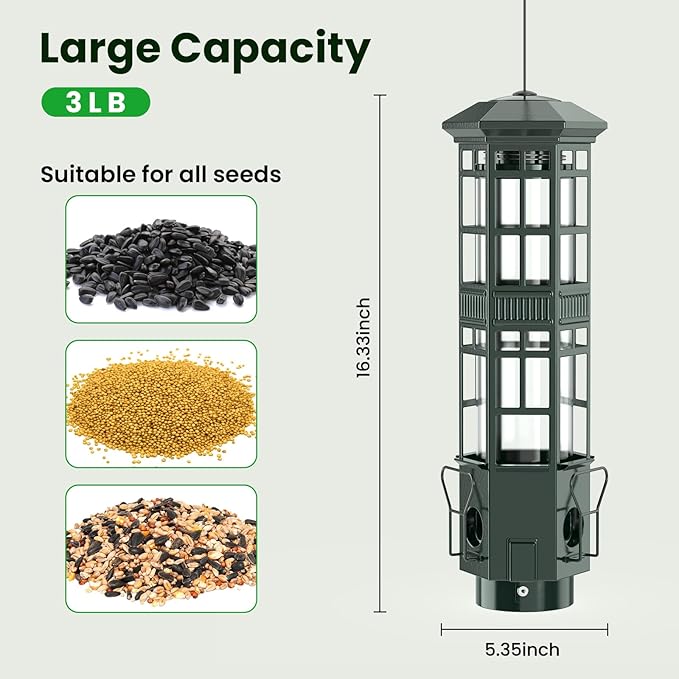 Squirrel Proof Bird Feeder for Outdoors, Chew-Proof & Weather Resistant, 3 Port, Gravity Spring Hanging Metal Bird Feeder, 3LB Large Capacity, Attract Wild Birds