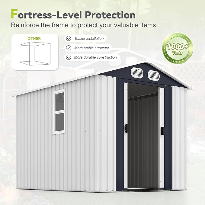 KEIKI 8x6 FT Heavy-Duty Outdoor Storage Shed, Metal Shed with Reinforced Frame, Lockable Doors & Air Vents, Weatherproof Garden Tool Shed for Backyard, White