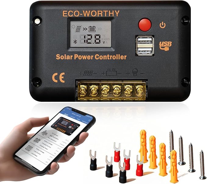 ECO-WORTHY 30A Solar Charger Controller Bluetooth,Solar Panel Battery Intelligent Regulator with Dual USB Ports Auto 12/24V PWM Negative Ground for Lithium,Lead-Acid,Gel Battery