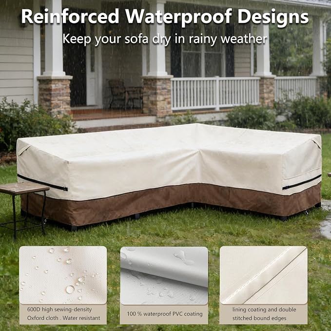 okcool Outdoor Sectional Cover,L-Shaped Patio Furniture Covers for 4-Seater Outdoor Sectional Furniture Couch 85”W (Back Length) x 58”W (Right Side),Beige & Brown