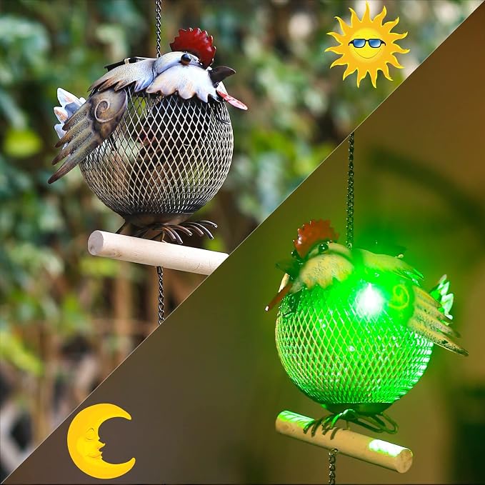 Solar Rooster Bird Feeder Squirrel Proof for Outside - Unique Cute Metal Animal Shaped Wild Bird Feeder with Solar Light, Wind Chime, Gift for Bird Lovers(Rooster)