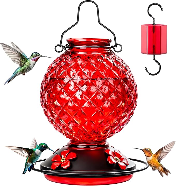 Glass Hummingbird Feeder for Outdoors Hanging, 25 OZ Humming Bird Nectar Feeder with 4 Bee Guard Feeding Ports & Built-in Ant Moat, Bird Feeder for Outside, Gifts for Women Mom, Red