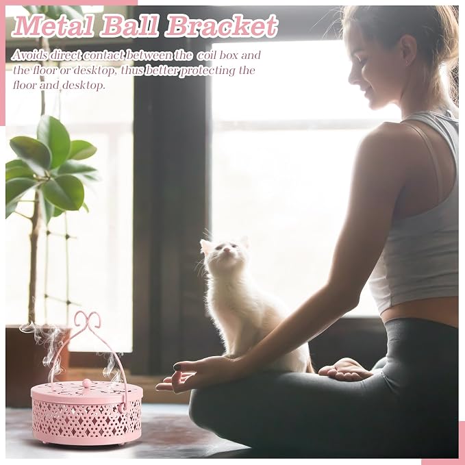Lallisa Incense Coil Holder Sets, Round Metal Hanging Incense Burner with Handle and Lid, Portable Coil Burner Stand Container for Patio Camping Garden Home Indoor Outdoor Decor(Pink,4 Pcs)