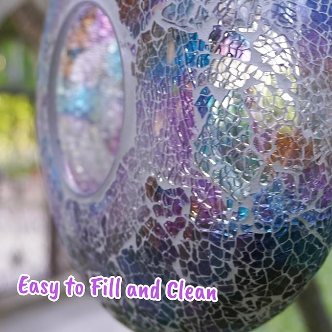 Solar Fly Through Bird Feeder with Mosaic Glass – Handmade Outdoor Hanging Feeder, 1lb Capacity, Solar Lights, Weatherproof & Bird Lover Gift (9.25” Doughnut, Tesserae)