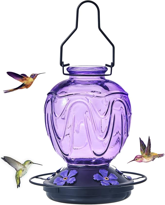 Glass Hummingbird Feeder for Outdoors Hanging,24Ozs Humming Bird Nectar Feeder Perch,5 Flower Feeding Ports, Leak Proof Base and Hook for Outside Garden Backyard Decor, Gifts for Women Mom,Purple