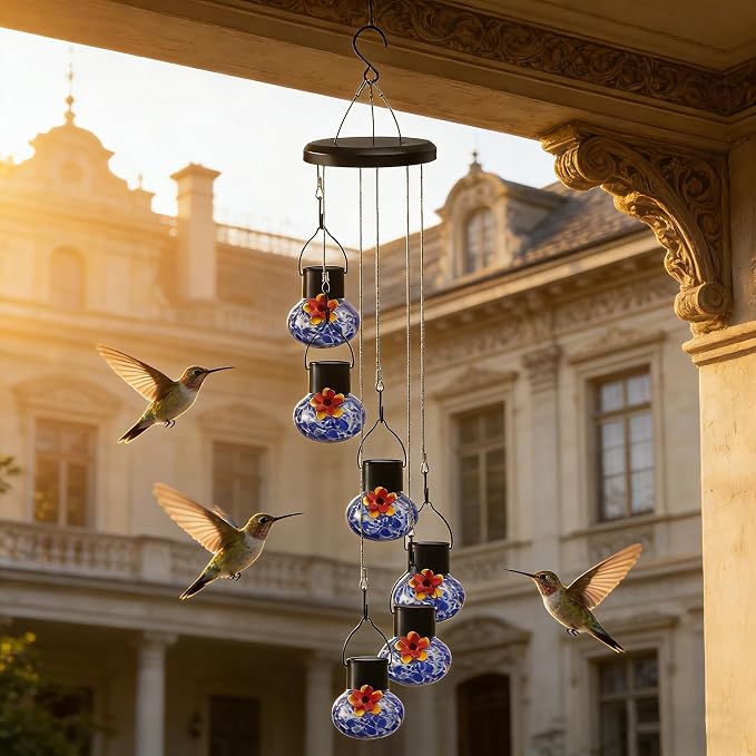Solar-Powered Hummingbird Feeder with Wind Chime Elegance – 6 Leak-Proof Glass Ports, Frosted Design & Sea Night Lights – Perfect Outdoor Gift for Nature Enthusiasts