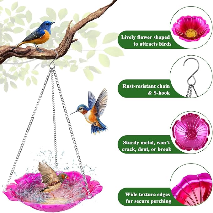 2 Pack Hanging Bird Bath for Outdoors, 11 Inch Metal Bird Feeder Water Bowl with Rust-Proof Stainless Steel Chains Flower Shape Hanging Birdbaths Feeder for Outside Garden Yard Patio Decor