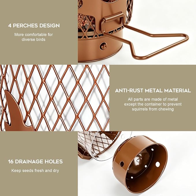 Gbekery Metal Bird Feeders Squirrel Proof for Outdoors Hanging, Brown | Metal Wild Bird Feeders for Small Birds with Weight Activated Perches, Weatherproof and Durable, Perfect for Backyard Garden