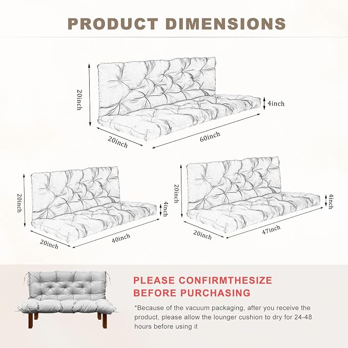 Porch Swing Cushion with Backrest,Waterproof Bench Cushion for Outdoor Furniture,2-3 Seater Replacement Thickened Swing Cushion with Ties,Patio,Outdoor,Backyard and Garden (Light Gray,47x40)