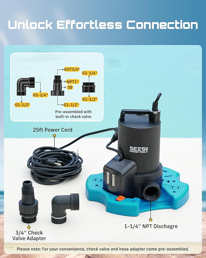 SEESII 1/3HP Pool Cover Pump - Automatic On/Off, 3035GPH Submersible Water Pump with Filter Net, 25ft Power Cord, Check Valve, Sump Pump for Swimming Pool, Hot Tubs, Pond, Basement, Rooftops