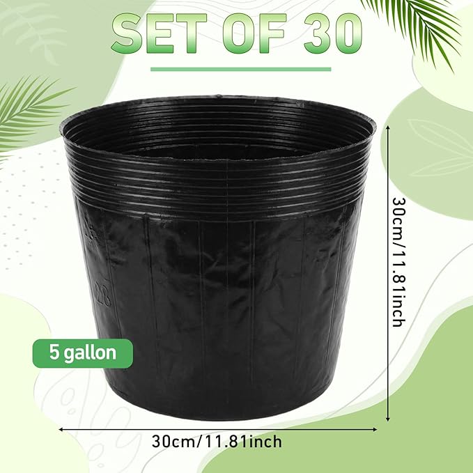 30 Pcs 5 Gallon Nursery Bags 13.8 Inch Thicken Soft Plastic Seedling Pots Seed Plant Bags with Drainage Holes for Large Flowers Trees Vegetables Indoor Outdoor Women Gardening Gifts, Black