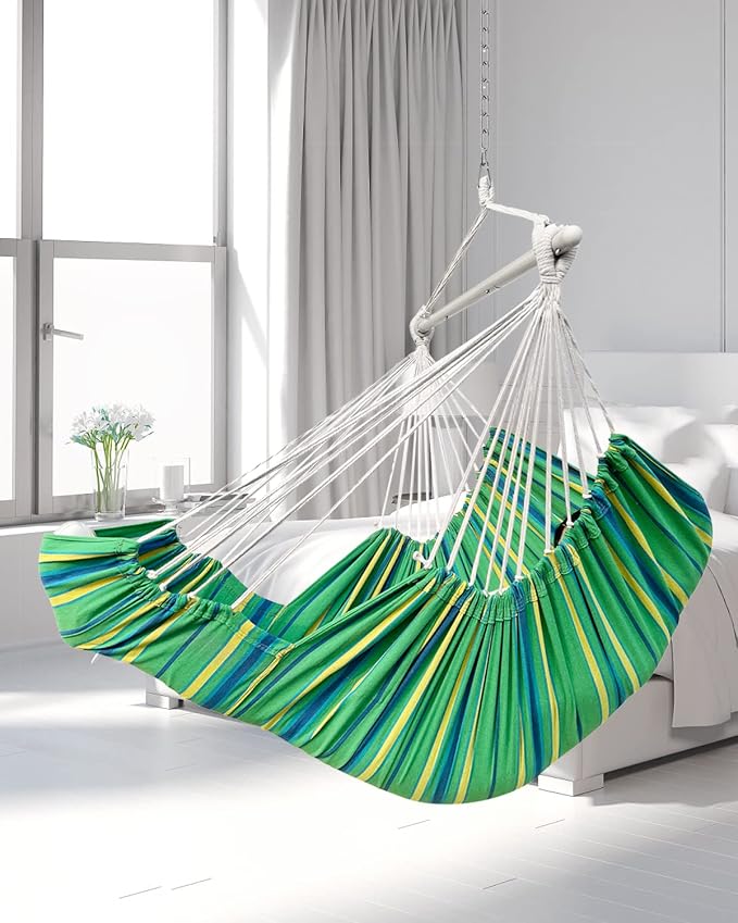 Miztli Hammock Chair Hanging Chair Swing for Bedroom with Foot Rest, Max 500 Lbs, Steel Spreader Bar with Anti-Slip Rings-2 Cushions Included-Indoor and Outdoor