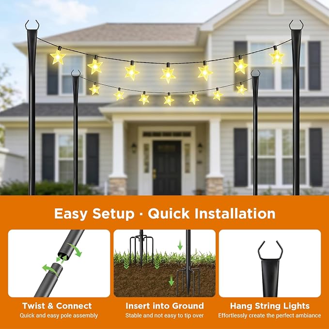 10FT String Light Poles, Heavy Duty Outdoor Light Pole Stand, 5-Prong Reinforced Steel Base, Anti-Rust, for Patio Garden Deck, Support Bistro & Edison Bulb Lights (6 Pack)