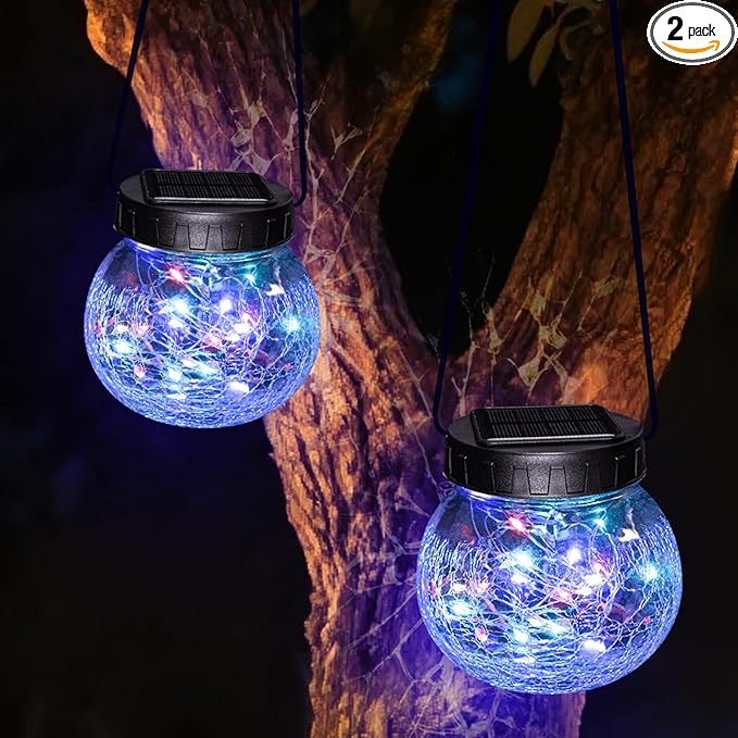 kolpop 2 Pack Solar Lantern Outdoor Lights, Multi-Coloured Solars Lanterns with 30 LED, Crackle Glass Ball Waterproof Hanging Solar Lights for Garden Decor Patio Fence Yard Christmas Tree Decoration