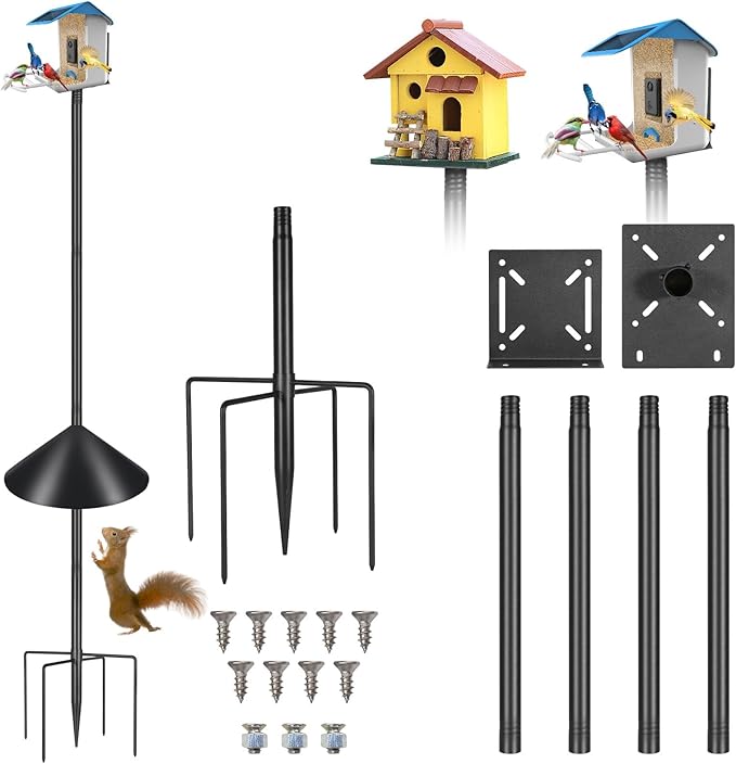 Proerr Smart Bird Feeder Pole Stand 79In,Adjustable Height Metal Bird House Pole for Outdoor Garden with Multiple Mounting Options Round Squirrel Baffle High 79in (79'' Pole&Baffle)
