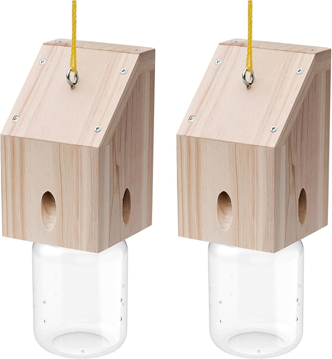 Carpenter Bee Trap for Outside - Shed Style Nature Hanging Wood Trap for Outdoor with Removable Bee Vault Plastic Jar (2 Pack)