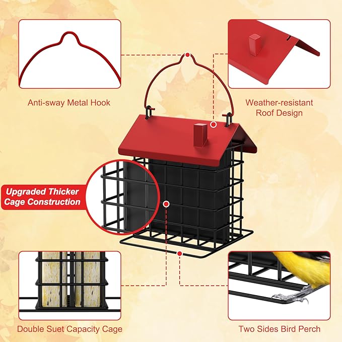 Gbekery All-Metal Double Suet Bird Feeder for Outdoors Hanging, Suet Cake Cage Holder with Weather-Resistant Roof & Perch for Outside Garden, Red