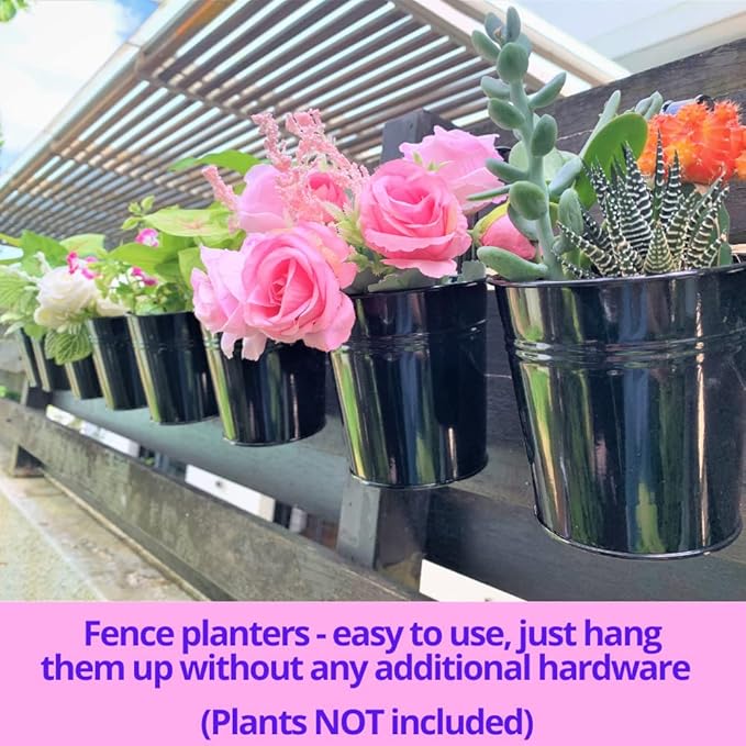 LaLaGreen Bundle- 2 Pack, 16 Inch Self Watering Planter + 10 Pack, 6 Inch Black Metal Pot Hanging Balcony Rail Deck Iron Bucket Large Window Boxes with Drainage Decorative Home Windowsill Garden Decor