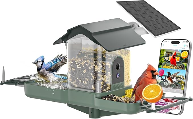 Dual-Lens Smart Bird Feeder with Camera & Bird Bath, 2.4G WiFi 2K HD Live View, Auto Record Video, AI Identify, APP Instant Notifications, Solar Powered, Birdwatching Gifts for Family, Birds Lover