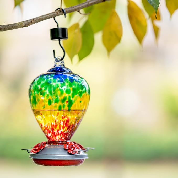 Hummingbird Feeders, 34OZ Hand Blown Glass Hummingbird Feeder for Outdoors Hanging with Ant MoatHooks, Perfect for Gardening Yard Patio Decor Gifts (Rainbow) | LaElvish Garden Hummingbird Feeders, 34OZ Hand Blown Glass Hummingbird Feeder for Outdoors H...