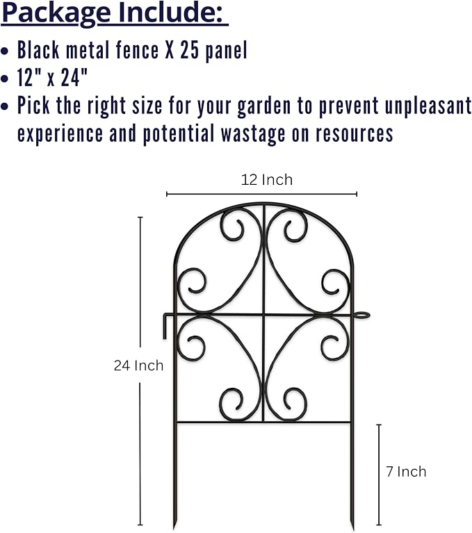 ShopLaLa Garden Fence Border Animal Barrier (25 Panels) 12in(L) x 24in(H) Decorative Fencing Rustproof Metal Flower Bed Edging for Landscape, Black Wire Fences Butterfly Arch Panel Outdoor Patio Decor