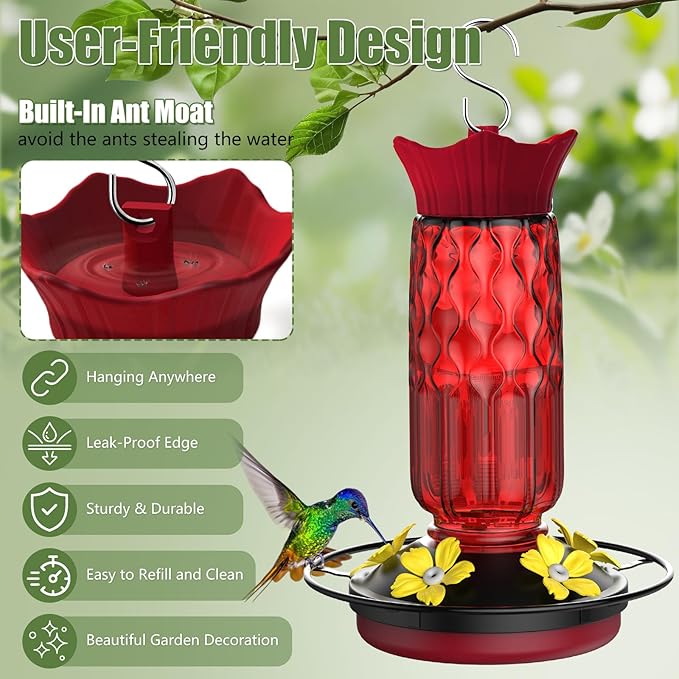 Hummingbird Feeders for Outdoors, Hanging Hummingbird Feeder with 5 Flower-Shaped Feeding Ports, 16 Oz Bird Feeder with Bee Proof & Built-in Ant Moat, Outdoor Garden Decor Gifts for Women Mom