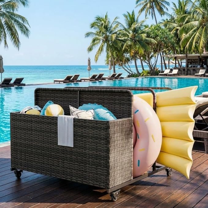 Pool Float Storage Organizer with Rolling Wheels, Outdoor Wicker Rattan Pool Caddy & Toy Storage Basket, All-Weather PE Rattan Holder for Pool Noodles, Life Vests, Beach Balls, Equipment, Patio Deck