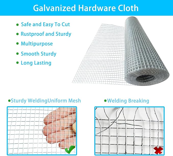 Galvanized Welded Wire Mesh Roll, 16in x 35ft, 1/4 Inch 23 Gauge Hardware Cloth - Garden Fencing for Rabbits, Chickens, Snakes, Gophers, Raccoons & Small Critters - Cage, Enclosure, Pest Barrier