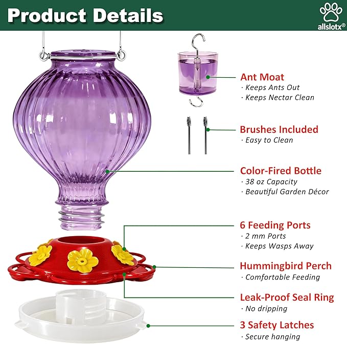 Glass Hummingbird Feeder for Outdoors Hanging, 38 oz Nectar Capacity, 6 Feeding Ports, Leak-Proof Rust-Free Plastic Base, Easy to Refill & Clean, Decorative Purple Glass Bird Feeder for Garden Patio