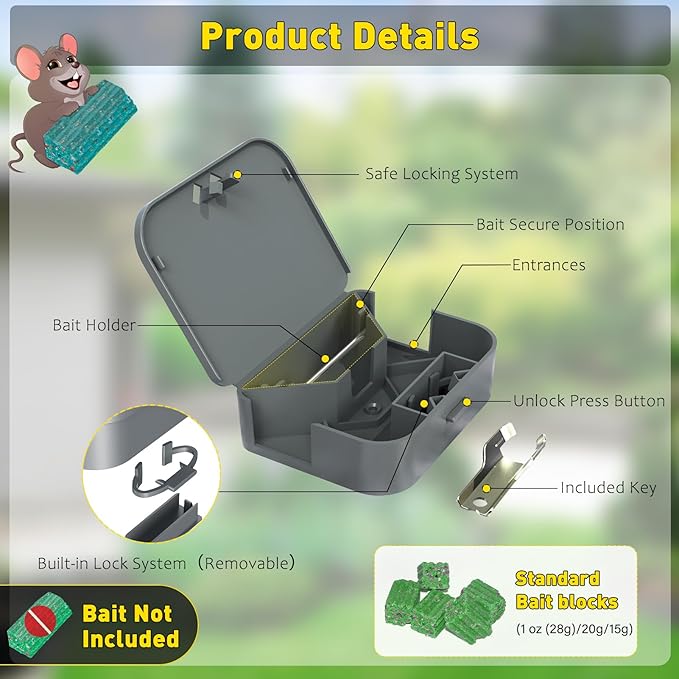 Mouse Stations with Keys 6 Pack, Keyless Design and Key Required Mouse Stations, Mice Stations, Keeps Children and Pets Safe Indoor & Outdoor, Gray