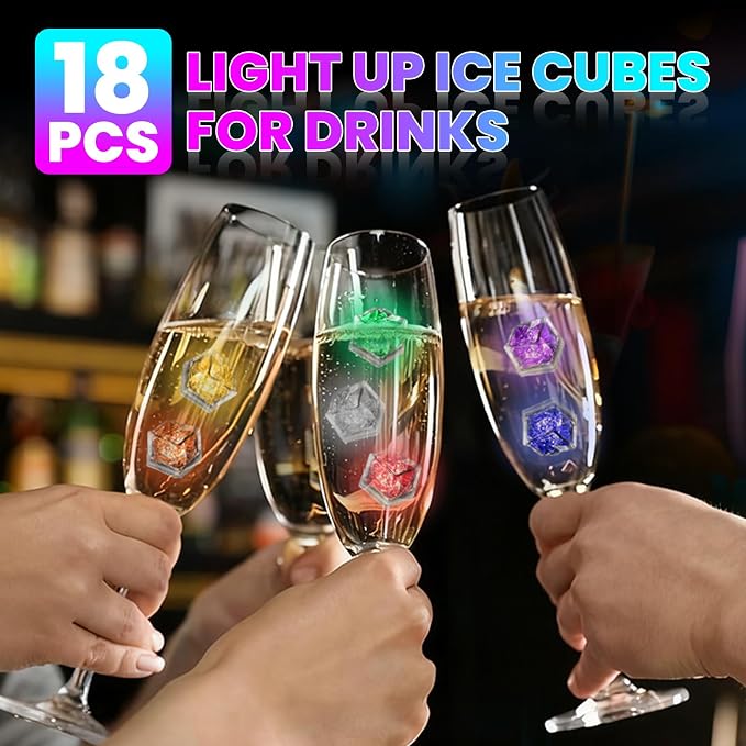 Light Up Ice Cubes, 18 Pack Multi Color Led Ice Cubes for Drinks IP67 Waterproof Reusable Glowing Flashing Changing Lights Water Activated Drink Lights for Cocktails Christmas Party Bar Wedding
