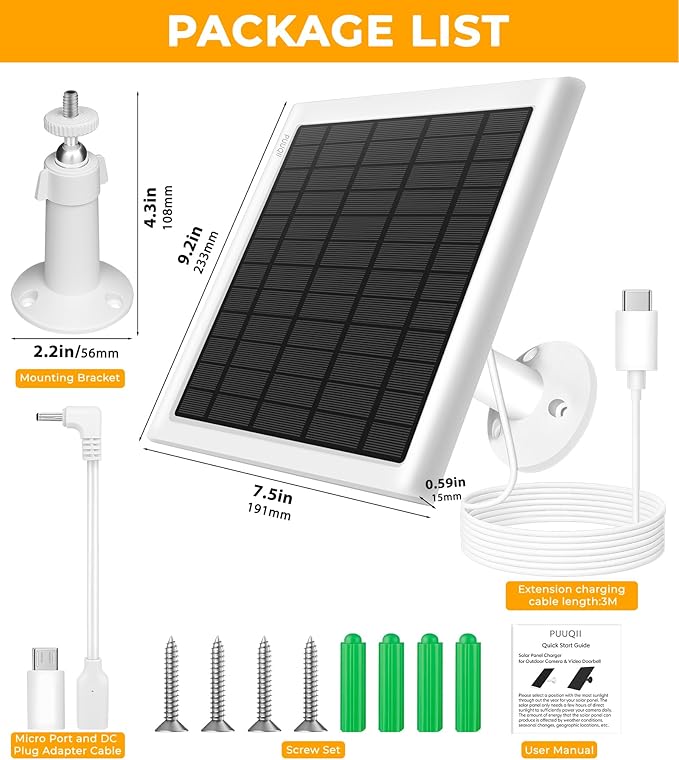 8W Solar Panel for Ring Camera, 2-Pack Solar Panel Charger Compatible with Ring Stick Up Cam Battery, Spotlight Cam Battery, Includes Barrel Plug to USB-C Adapter, IP65 Waterproof, 10ft Cable