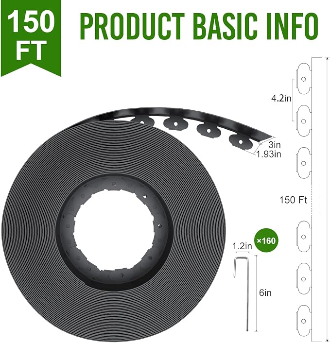 Landscape Edging Border 3 Inch Tall 150Ft with 160Pcs 8 Gauge Metal Spikes, Plastic Garden Edging Border Garden Fence Border Lawn Edging for Landscaping, Flower Bed, Tree Ring, Pathway
