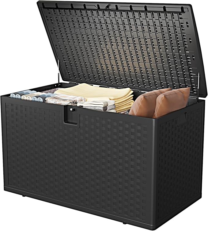 120 Gallon Waterproof Outdoor Storage Box - Lockable Deck Box for Patio Furniture, Cushions, and Garden Tools, All-Weather Resin with Black Rattan Finish, Grey