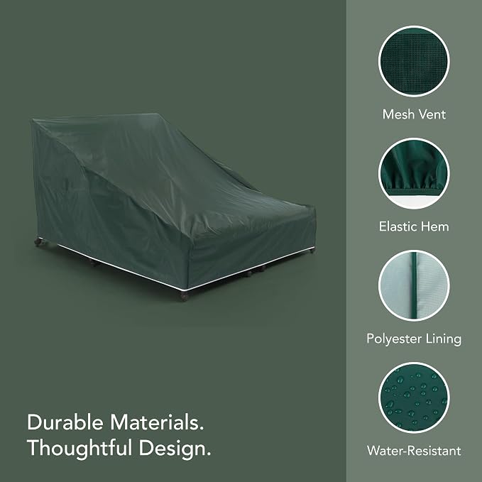 Covermates Classic Double Chaise Lounge Cover – Weather-Resistant Vinyl Outdoor Furniture Cover with Mesh Vent, Elastic Hem, UV Protection, Lightweight Patio, 58W x 78D x 34H, Green