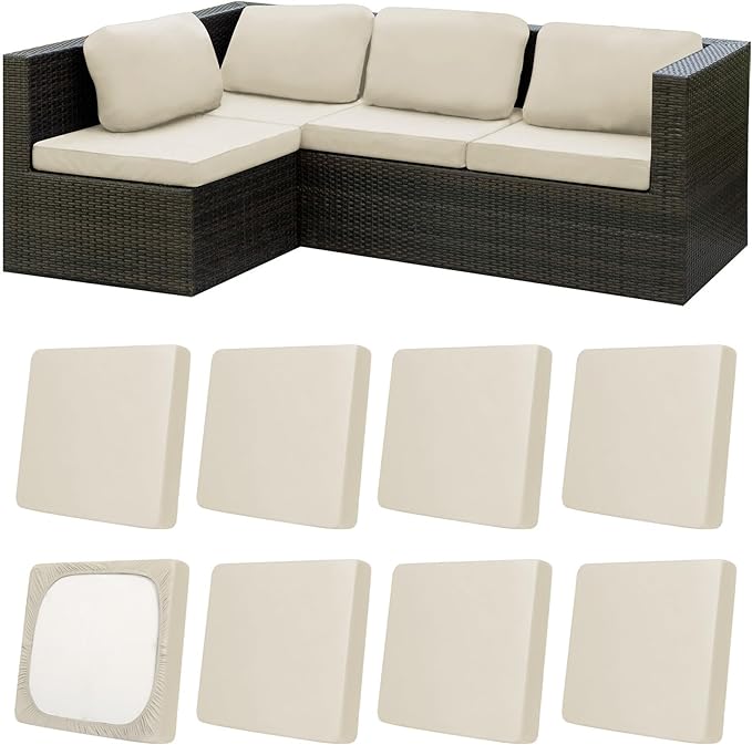 8Pcs Patio Cushion Covers,Outdoor Cushions Covers,Stretch Cushion Covers Replacement, Washable and Reusable Furniture Protectors(Beige)