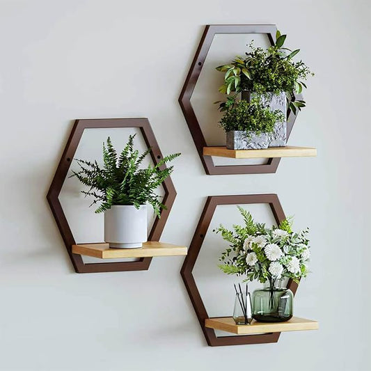 3 Pack Solid Wood & Metal Framework Wall Plant Stands,9 inch Natural Wood Shelf of Indoor,Mid Century Modern Hanging Planter for Outdoor Entryway 25 LB Load for Plants Coffee
