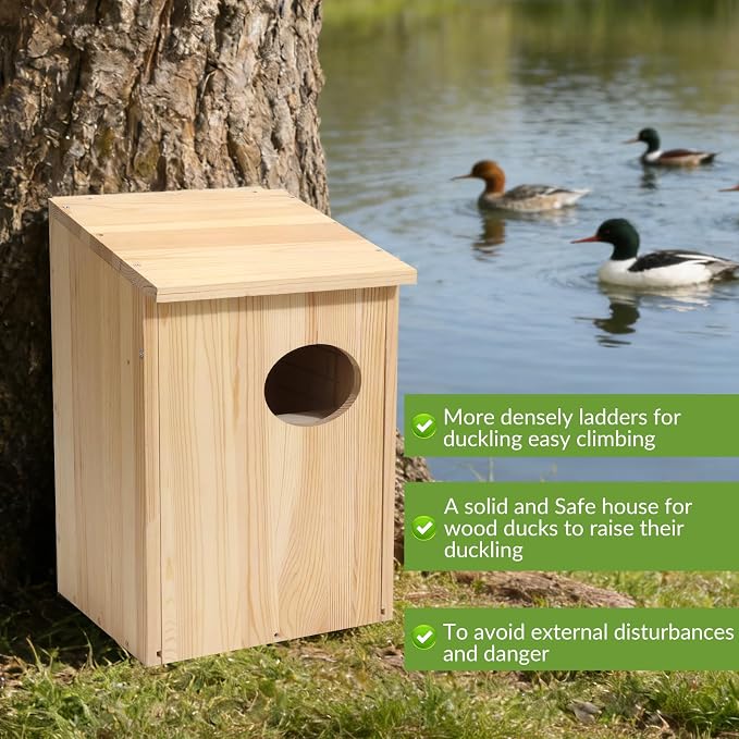 Pine Wood Duck House for Ducks and Hooded Mergansers Breeding Nesting Wooden Box Resident Habitant Shelter